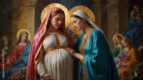 The Visitation: Holy Motherhood of the Blessed Virgin Mary with the Christ Child in Her Womb and Her Pregnant Cousin Elizabeth.
