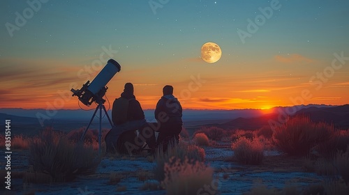 Astronomers observing the night sky through a telescope. AI generate illustration