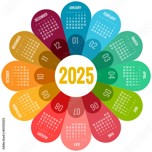 Calendar circle, spiral, planner for 2025. Vector Stationery Design Print 2025 Template with Place for Photo, Your Logo and Text. calendar design 2025
