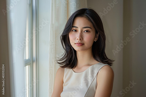 a woman stands by a window, illuminated by soft, natural light that accentuates her delicate features.