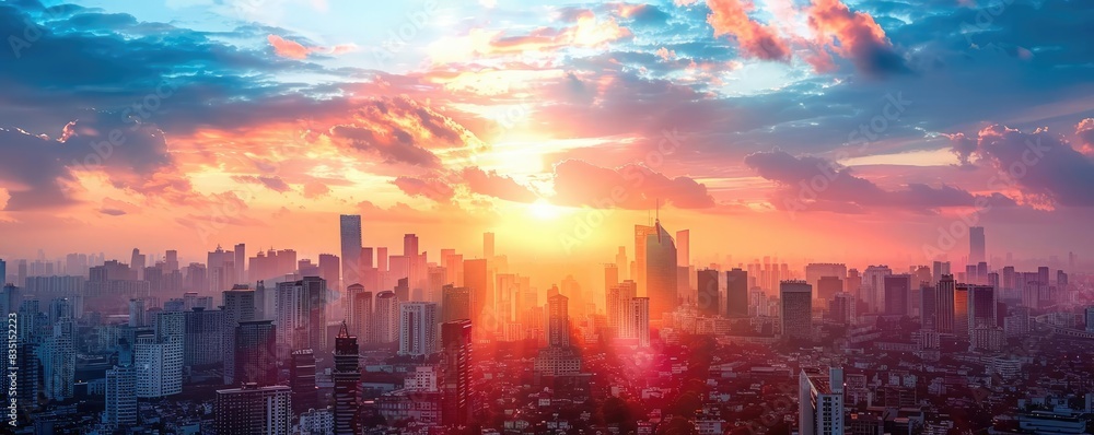 Fototapeta premium A vibrant sunrise over a cityscape, with clouds painted in hues of pink and orange.