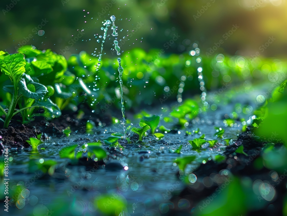 A close-up view of a garden bed being irrigated with fresh water, highlighting lush green plants and vibrant seedlings in the sunlight. A close-up view of a garden bed being irrigated with fresh water, highlighting lush green plants and vibrant seedlings in the sunlight.