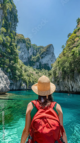 the interplay of color and light, with the woman's red backpack and straw hat contrasting against the deep blue sky and the greenish hues of the limestone cliffs