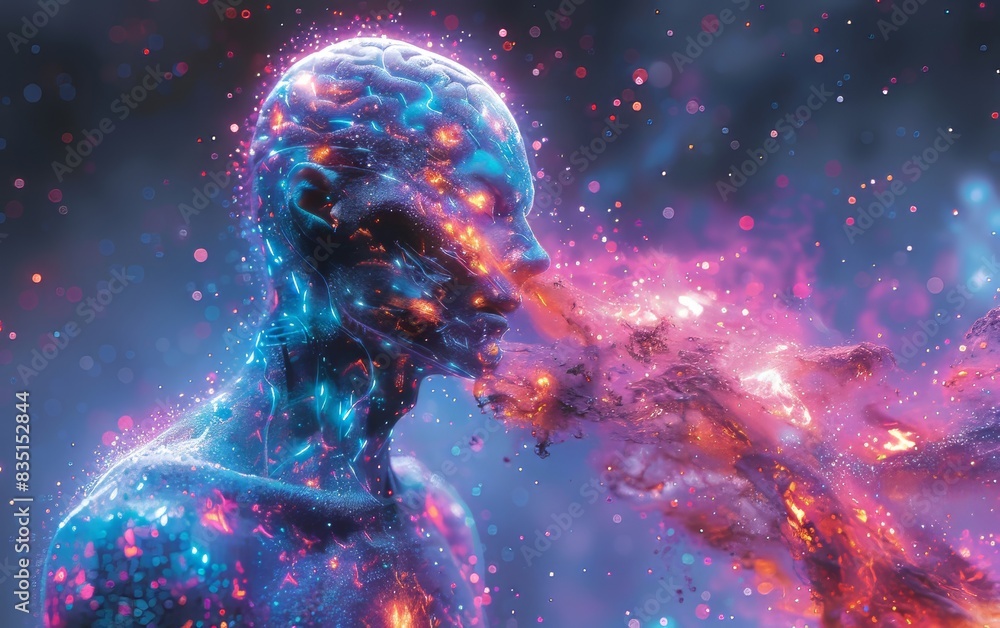 Naklejka premium A surreal digital artwork featuring a glowing human figure amidst cosmic energy and vibrant colors, symbolizing creativity and transformation.