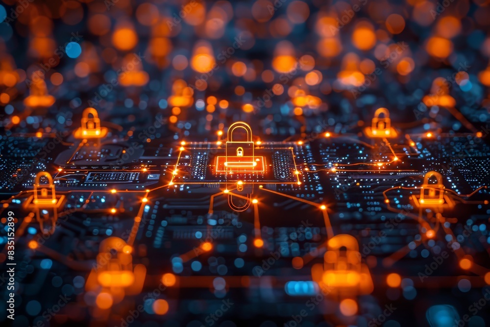 A visual representation of digital security, showing lock icons symbolizing cybersecurity and data protection in a network. A visual representation of digital security, showing lock icons symbolizing cybersecurity and data protection in a network.
