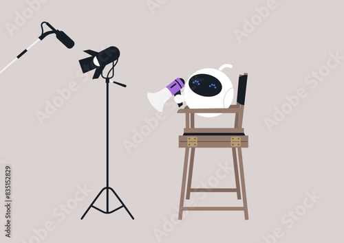 An AI robotic movie director stands on a set, holding a megaphone, giving instructions, A spotlight and microphone are visible in the background