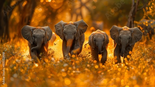A stunning image of four elephants walking together through a golden, sunlit landscape, capturing the essence and beauty of wildlife at dawn.