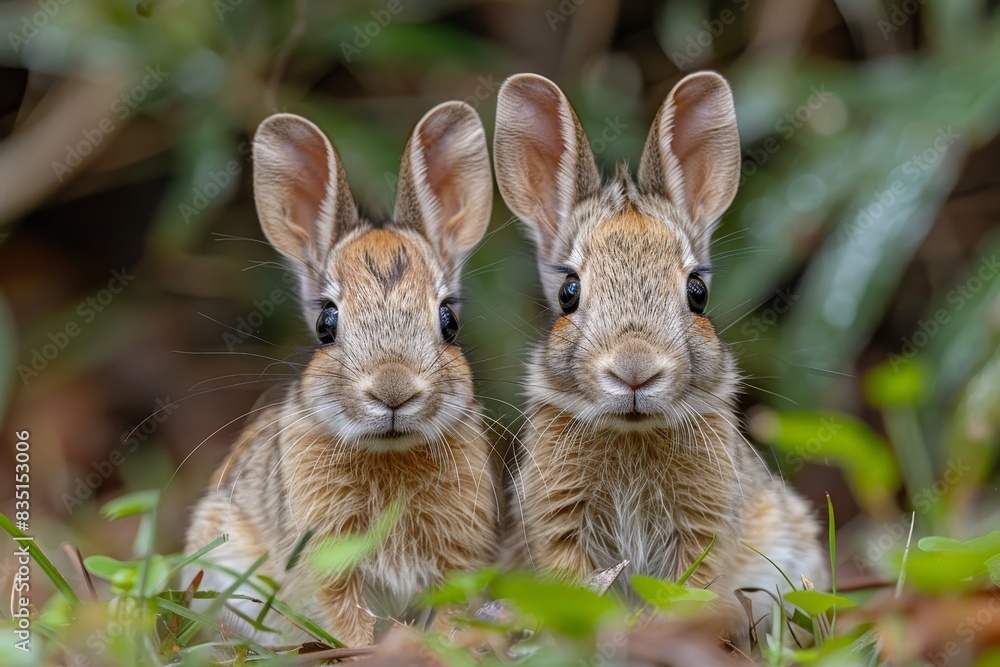 Adorable close-up of two baby rabbits sitting together in a natural setting with green foliage. Adorable close-up of two baby rabbits sitting together in a natural setting with green foliage.