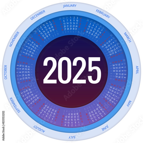Calendar circle, spiral, planner for 2025. Vector Stationery Design Print 2025 Template with Place for Photo, Your Logo and Text. calendar design 2025