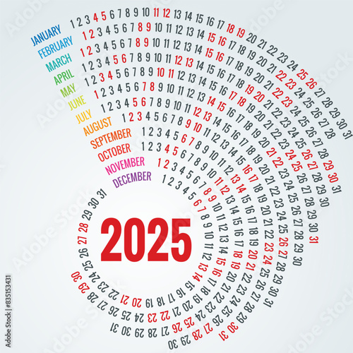 Calendar circle, spiral, planner for 2025. Vector Stationery Design Print 2025 Template with Place for Photo, Your Logo and Text. calendar design 2025