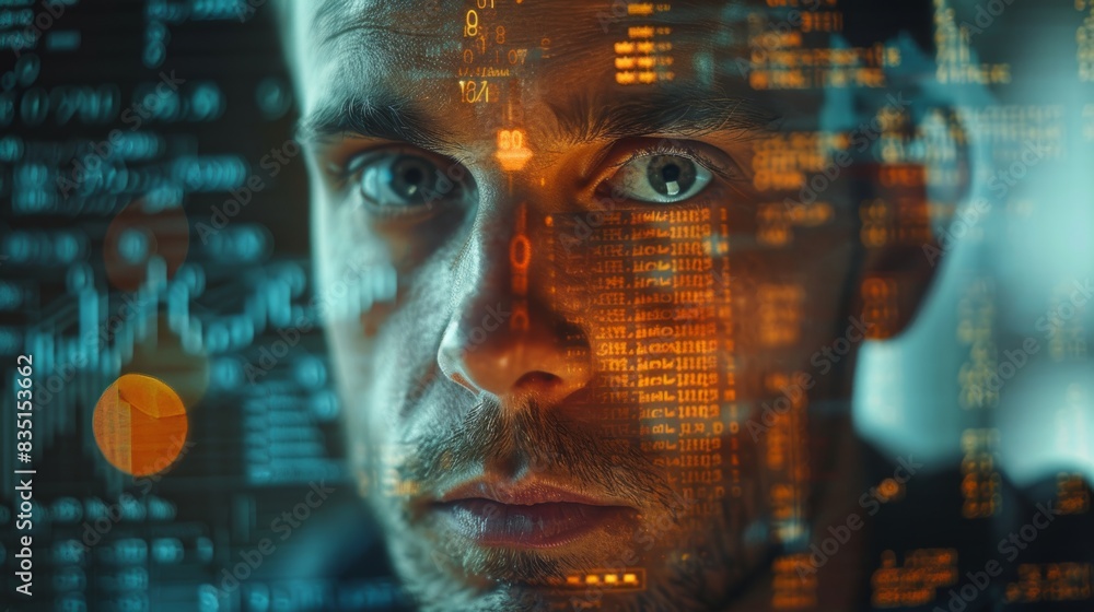 Double exposure image of an accountant's face and spreadsheets, merging with budgetary formulas and analytical data Double exposure image of an accountant's face and spreadsheets, merging with budgetary formulas and analytical data