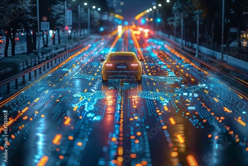 Futuristic car on a smart city street with digital graphics and neon lights, illustrating advanced technology and autonomous driving. photo