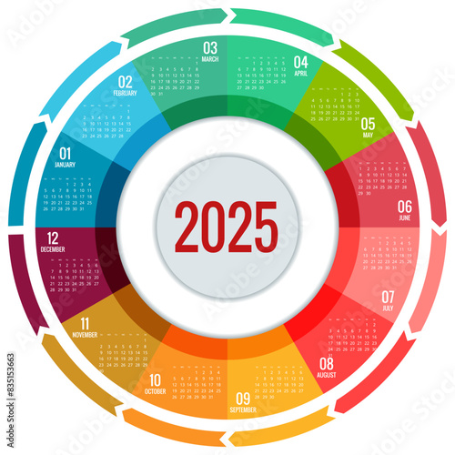 Calendar circle, spiral, planner for 2025. Vector Stationery Design Print 2025 Template with Place for Photo, Your Logo and Text. calendar design 2025