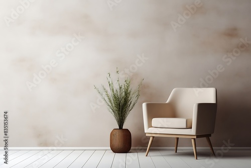 A white chair next to a vase of dried flowers and background