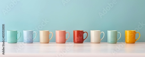 Minimalist plain background for product photography with coffee mugs arranged in a row photo