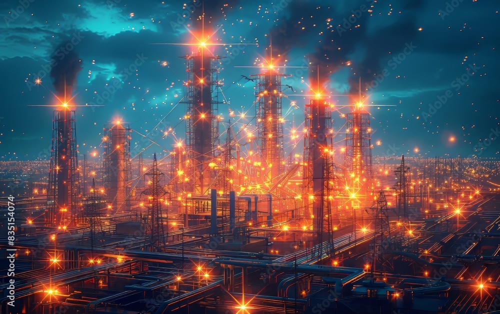 Fototapeta premium Industrial skyline with illuminated towers emitting smoke against a dramatic evening sky, showcasing urbanization and industrial progress.