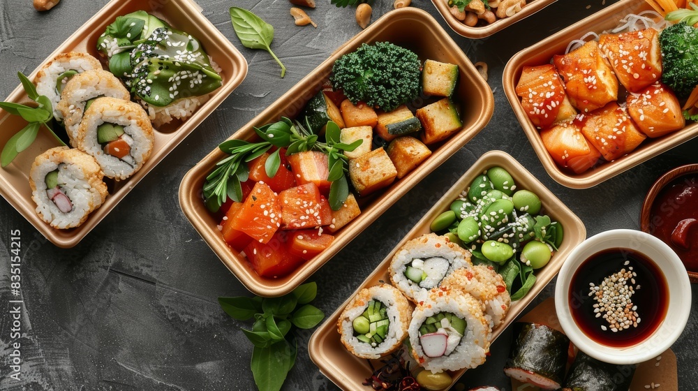 Disposable lunch box with an appetizing selection of takeaway food, highlighting eco-conscious packaging made from natural fibers Disposable lunch box with an appetizing selection of takeaway food, highlighting eco-conscious packaging made from natural fibers