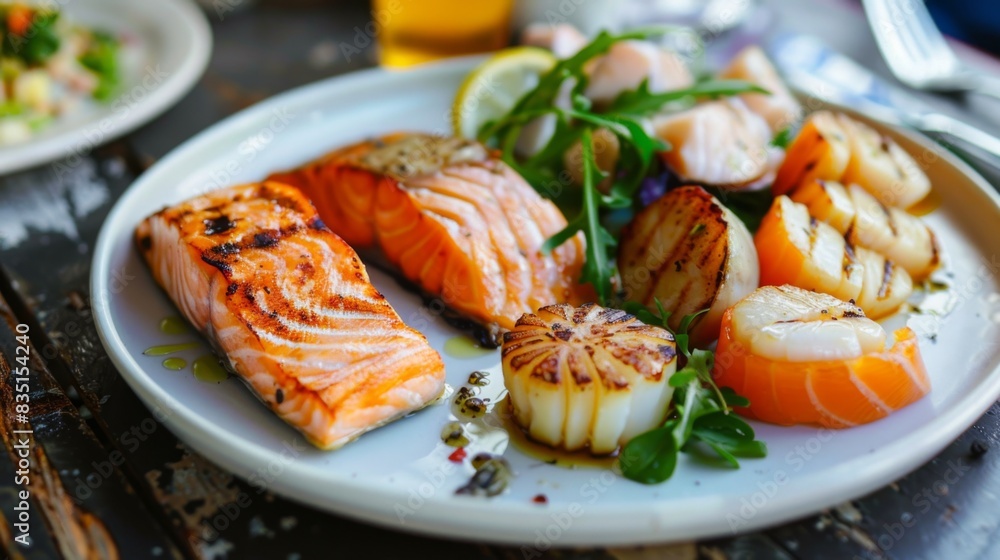 A seafood platter featuring grilled salmon, tuna tartare, and seared scallops, arranged beautifully on a white plate at a seaside restaurant. A seafood platter featuring grilled salmon, tuna tartare, and seared scallops, arranged beautifully on a white plate at a seaside restaurant.