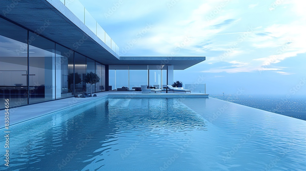 Exterior view of a glass house with an infinity pool, capturing the seamless transition from indoor to outdoor living spaces. Exterior view of a glass house with an infinity pool, capturing the seamless transition from indoor to outdoor living spaces.
