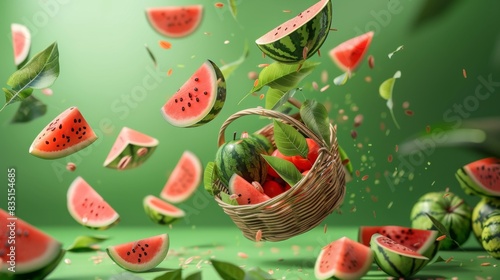 A basket full of watermelons flying through the air