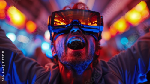 Close-up photo of a man who is excited while using a Virtual Reality device to watch media through modern technology, futuristic concept, excited, happy, surprised.