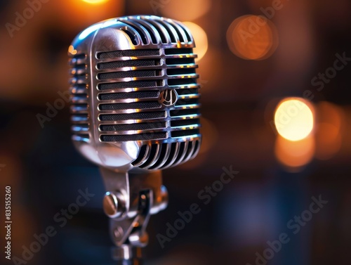 Detailed shot of a vintage microphone on a bar stage, capturing the nostalgic feel and perfect for an opera music concert or cabaret comedy show photo
