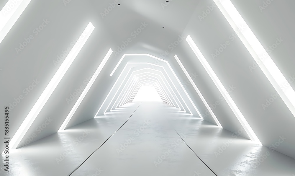 Obraz premium Empty Long Light Corridor. Modern white background. Futuristic Sci-Fi Triangle Tunnel. 3D Rendering 