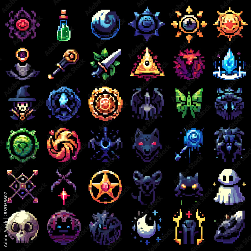 RPG Icons Featuring Dark Magic in Pixel Art