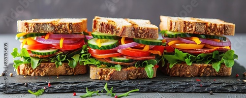 Three fresh and colorful veggie sandwiches with lettuce, tomato, onion, and cucumber.