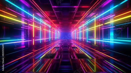 Wallpaper Mural Futuristic Neon Symphony: Immersive Symmetrical Corridor with Multicolor LED Panels - Digital Painting with High Detail Torontodigital.ca