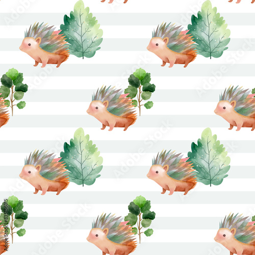 Cute seamless pattern with hedgehog and trees. Forest wildlife backgrounds. Watercolor woodland