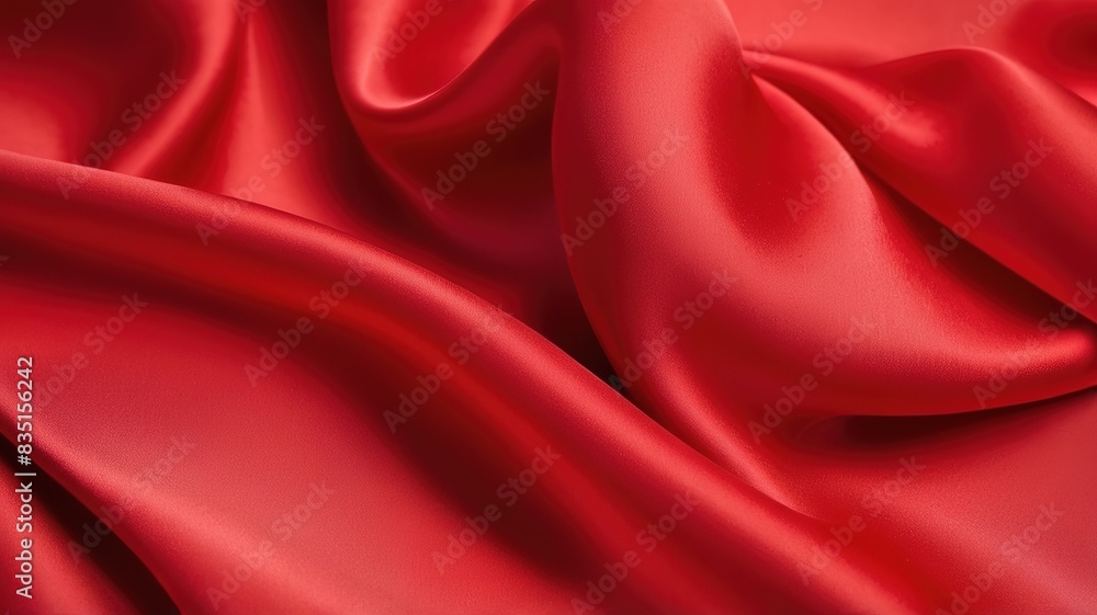 Fototapeta premium Texture, background, pattern. wave red silk fabric. Beautiful emerald red soft silk fabric