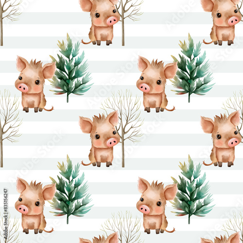Seamless pattern with baby boar and trees. Watercolor woodland. Animal wildlife backgrounds.