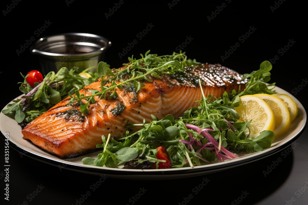 Delicious salmon steak grilled to perfection, topped with herbed butter and served with a colorful side salad of wild greens. Delicious salmon steak grilled to perfection, topped with herbed butter and served with a colorful side salad of wild greens.