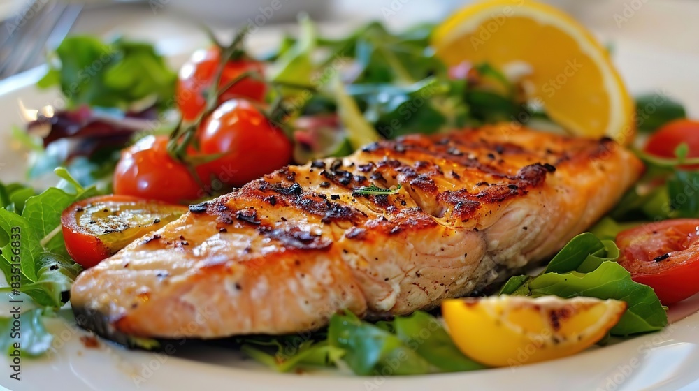 Grilled salmon with cherry tomatoes and salad on a white plate. Grilled salmon with cherry tomatoes and salad on a white plate.