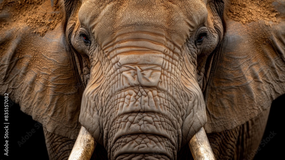 Close-up of a majestic elephant's face with detailed skin texture and powerful tusks, showcasing the beauty of wildlife in nature. Close-up of a majestic elephant's face with detailed skin texture and powerful tusks, showcasing the beauty of wildlife in nature.