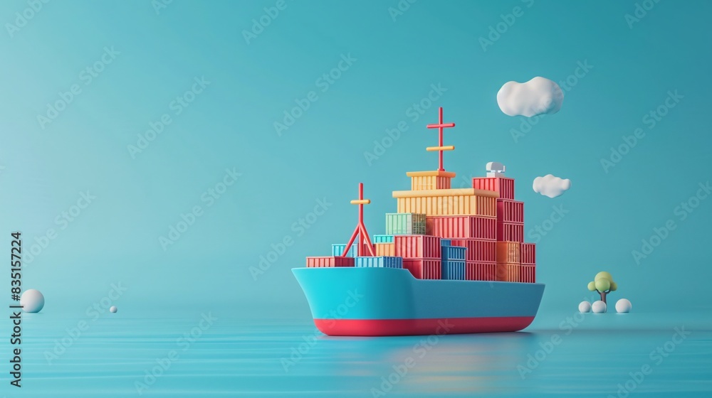 3D illustration of a cargo ship sailing on the ocean, transporting colorful shipping containers under a bright blue sky with clouds. 3D Illustration. 3D illustration of a cargo ship sailing on the ocean, transporting colorful shipping containers under a bright blue sky with clouds. 3D Illustration.
