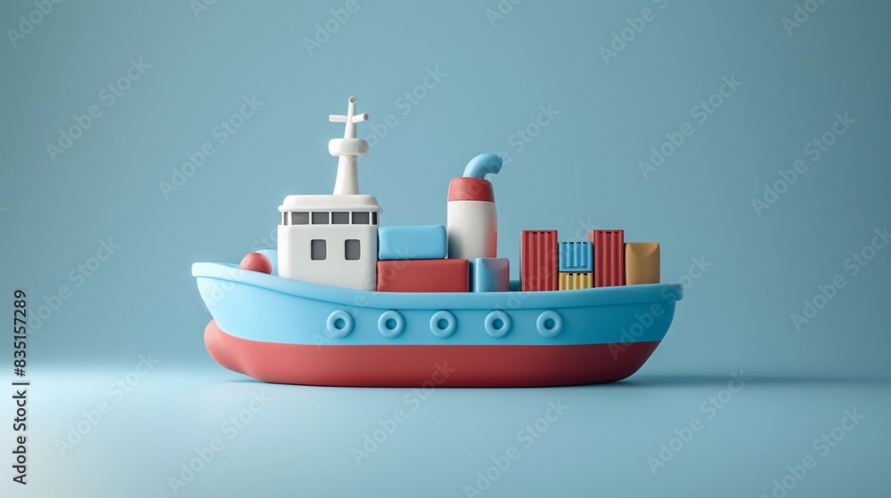 3D illustration of a colorful cargo ship with red, blue, and white details, carrying shipping containers, on a light blue background. 3D Illustration. 3D illustration of a colorful cargo ship with red, blue, and white details, carrying shipping containers, on a light blue background. 3D Illustration.