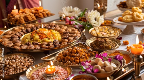 A traditional Indian feast during Diwali celebrations, featuring an assortment of sweets, savory snacks, and rich curries served on festive platters against a backdrop of diyas and rangoli.