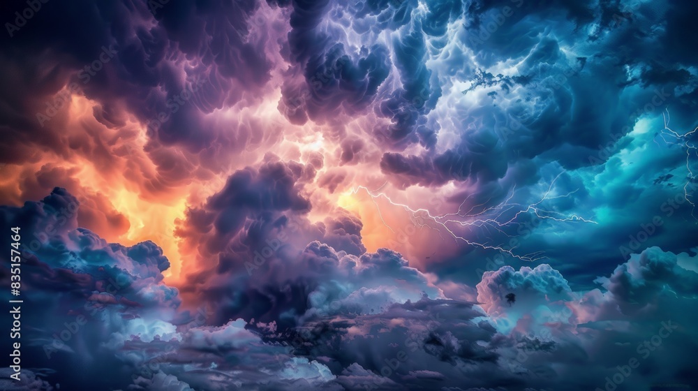 Dramatic storm clouds with intense lightning and vibrant colors creating a powerful and dynamic sky landscape. Dramatic storm clouds with intense lightning and vibrant colors creating a powerful and dynamic sky landscape.