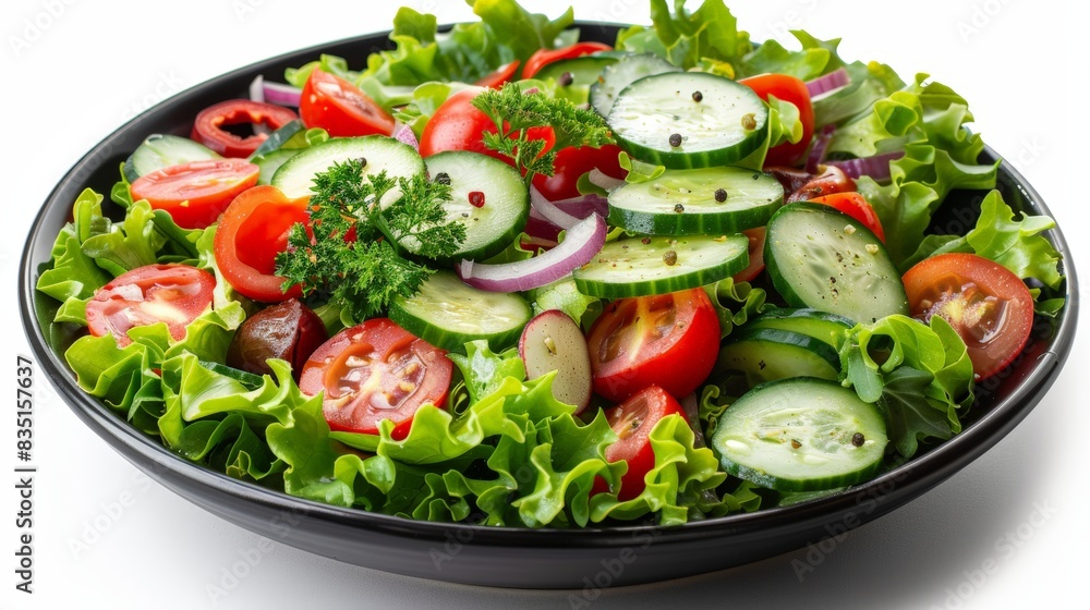 Fresh vegetable salad in a black bowl with lettuce, tomatoes, cucumbers, and red onions on a white background. Fresh vegetable salad in a black bowl with lettuce, tomatoes, cucumbers, and red onions on a white background.