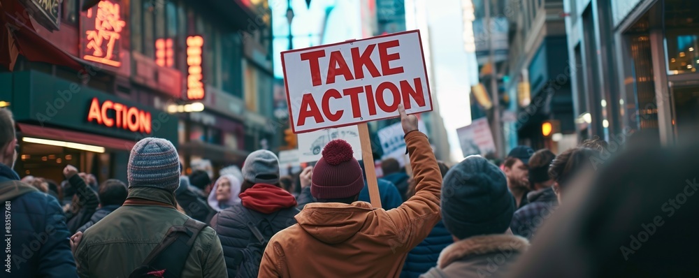 A person in a winter hat holds up a 'TAKE ACTION' sign at an urban street protest amidst a diverse crowd, conveying a strong call for social change and activism.