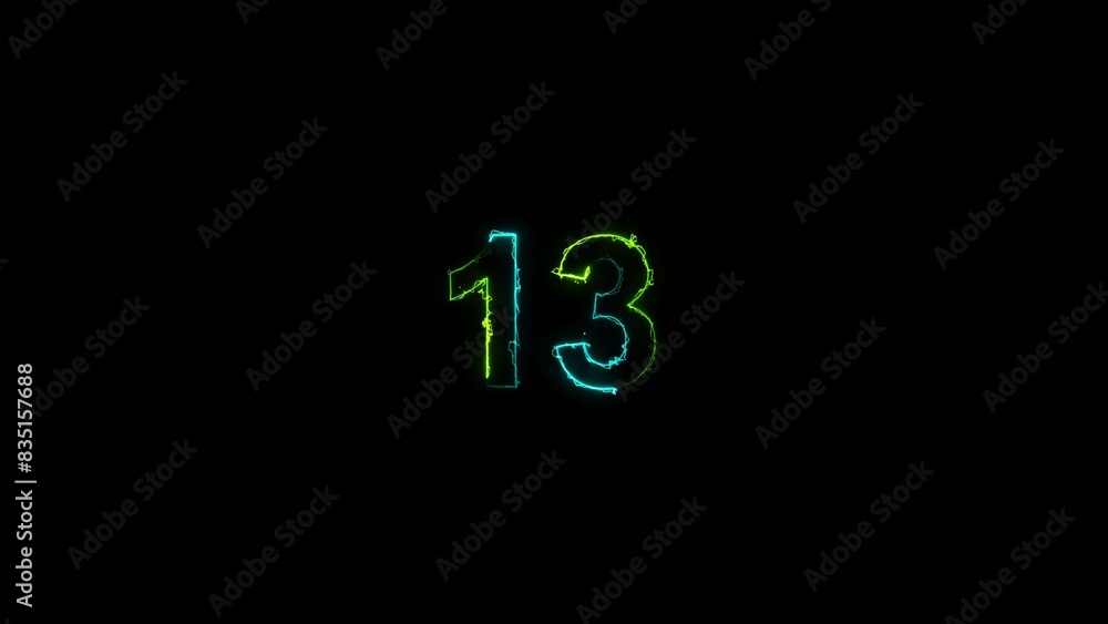 Countdown thirteen number, cyan, lime green, neon light illustration. Black background UHD 4k illustration. Countdown thirteen number, cyan, lime green, neon light illustration. Black background UHD 4k illustration.