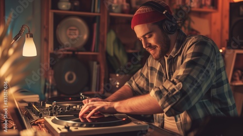 Focused DJ mixing music on a turntable with headphones indoors  suitable for depicting entertainment  music production  parties  and DJ performances.