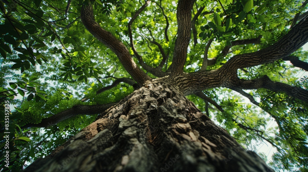 Majestic tree photographed from below with a focus on its rough bark and sprawling green branches, highlighting the beauty of nature and growth.