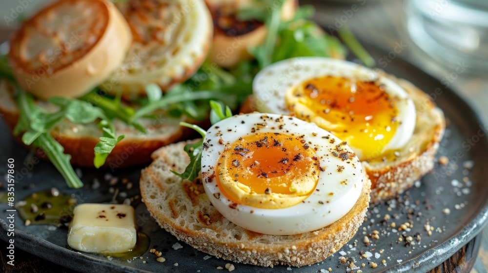 Detailed close-up of a toasted muffin, two soft-boiled eggs, and melting butter, with emphasis on the crisp, tender, and creamy elements Detailed close-up of a toasted muffin, two soft-boiled eggs, and melting butter, with emphasis on the crisp, tender, and creamy elements