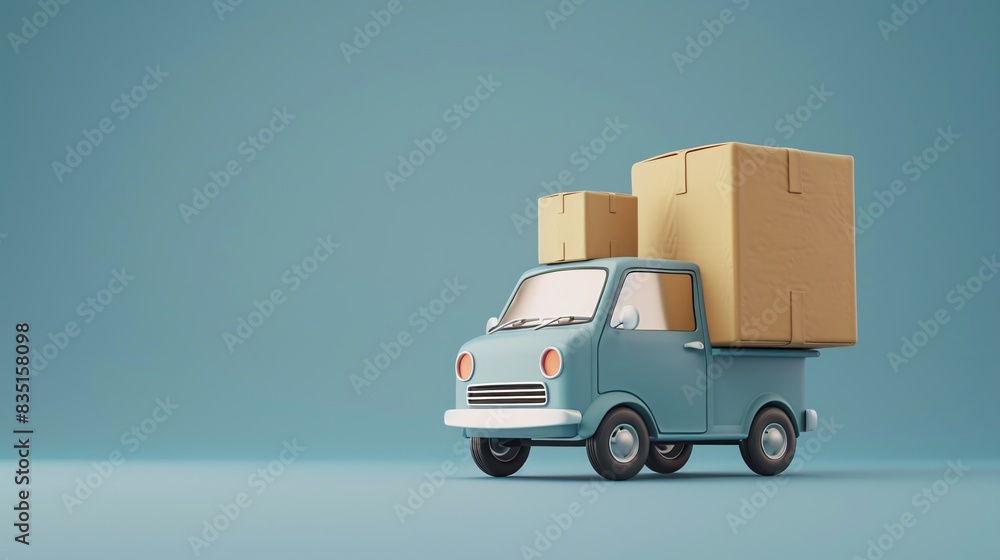 3D illustration of a small blue delivery truck carrying large cardboard boxes against a simple blue background. 3D Illustration. 3D illustration of a small blue delivery truck carrying large cardboard boxes against a simple blue background. 3D Illustration.
