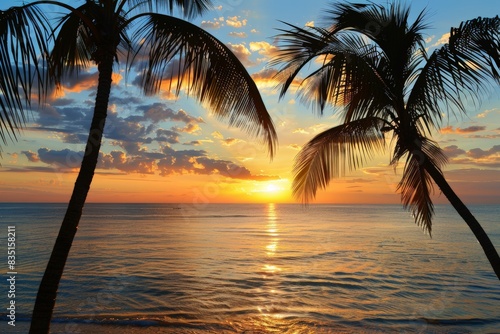 Tropical sunset scene with silhouetted palm trees and a serene ocean view. Vibrant colors fill the sky  creating a tranquil and picturesque atmosphere.