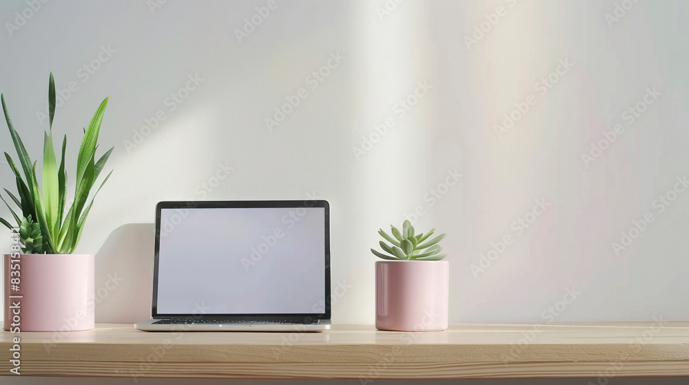Laptop on simple pastel color pot on wooden shelf Laptop on simple pastel color pot on wooden shelf