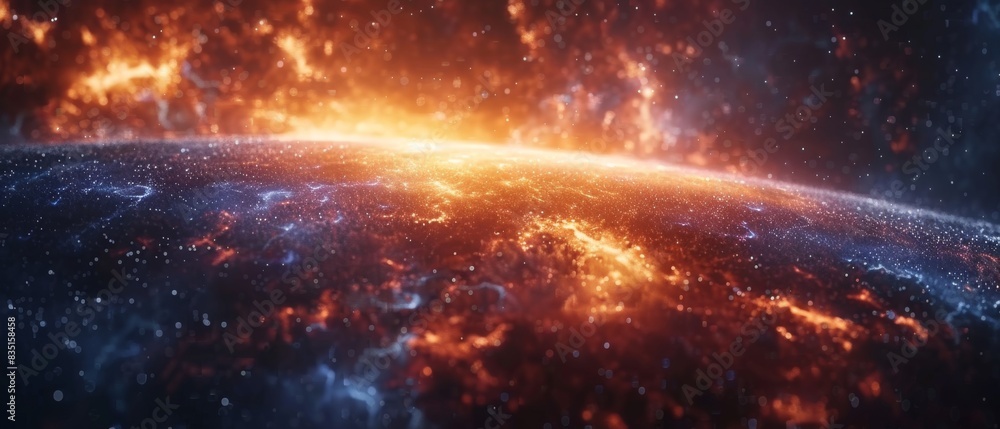 A close up of a planet with a bright orange sun in the center A close up of a planet with a bright orange sun in the center